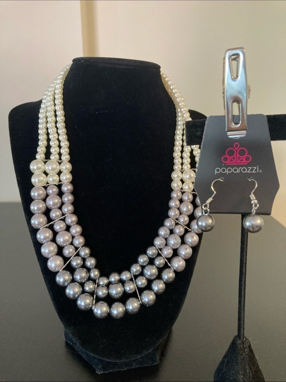 Paparazzi Silver and Cream Graduated Multi-Strand Pearl Necklace with Earrings